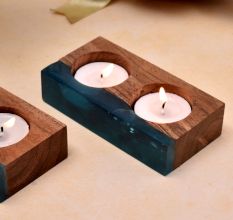 Wood and Epoxy Translucent Aqua Tea-Light Holder - 2 Piece