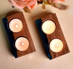 Wood and Epoxy Translucent Aqua Tea-Light Holder - 2 Piece