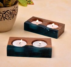 Wood and Epoxy Translucent Aqua Tea-Light Holder - 2 Piece