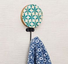 Green Floral Pattern Round Wood and Resin Wall Hook