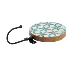 Green Floral Pattern Round Wood and Resin Wall Hook