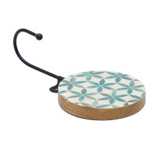Green Floral Pattern Round Wood and Resin Wall Hook