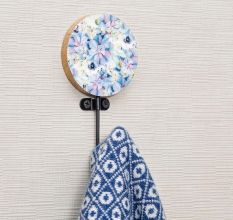 Multicolor Floral Pattern Round Wood and Resin Key Hooks for Hanging