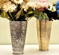Handmade Golden Brass Flower Engraved Vintage Serving Lassi Glass   - Pack of 2