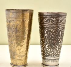 Handmade Golden Brass Flower Engraved Vintage Serving Lassi Glass   - Pack of 2