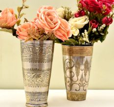 Floral Design Golden Brass Vintage Butter Milk Cup - Pack of 2