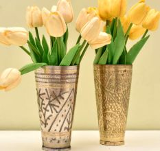Golden Brass Embossed Floral Engraved Lassi Glass - Set of 2