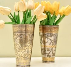 Handmade Golden Brass Floral Design Engraved Lassi Glass - Pack of 2