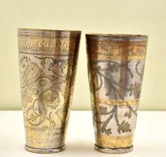Handmade Golden Brass Floral Design Engraved Lassi Glass - Pack of 2