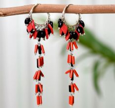 Red Black Beaded 92.5 Sterling Hoop Chandelier Drop Earrings