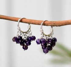 Small Purple Stone Bead 92.5 Sterling Silver Hoop Earrings