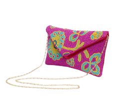 Pink Floral Beaded Cotton Crossbody Hand Bag For Women 