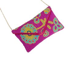 Pink Floral Beaded Cotton Crossbody Hand Bag For Women 