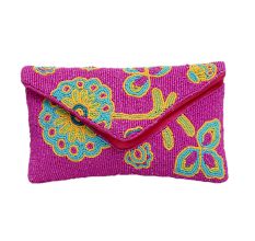Pink Floral Beaded Cotton Crossbody Hand Bag For Women 