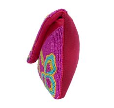 Pink Floral Beaded Cotton Crossbody Hand Bag For Women 