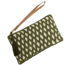 Green Beaded Cotton Clutch Hand Bag For Women 