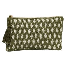 Green Beaded Cotton Clutch Hand Bag For Women 