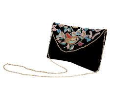 Black Beaded Cotton Sling Bag For Women With Bird Design 