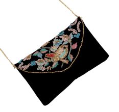 Black Beaded Cotton Sling Bag For Women With Bird Design 