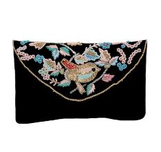 Black Beaded Cotton Sling Bag For Women With Bird Design 
