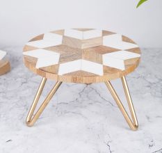 Wood and Resin Cake Stand in Brown and White Colour