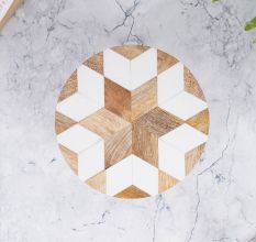 Wood and Resin Cake Stand in Brown and White Colour