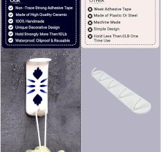 Handmade White Ceramic Blue Floral Adhesive Hook