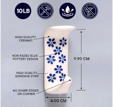 White Ceramic Blue Floral Adhesive Wall Hook