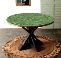 Wood and Resin Table Top Engraved with Green Pattern