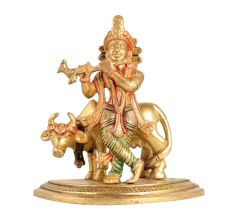 Golden Brass Lord Krishna with Cow Statue