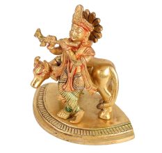 Golden Brass Lord Krishna with Cow Statue