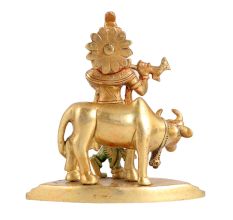 Golden Brass Lord Krishna with Cow Statue