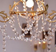 Vintage Italian Style Brass Enameled Chandelier with Clear Garland Strands - 3 cm Drops