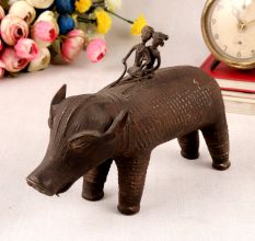 Handmade Brass Pig Statue with Two Riders