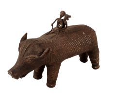 Handmade Brass Pig Statue with Two Riders