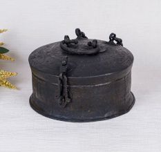 Indian Round Brass Jewelry Box in Antique Finish