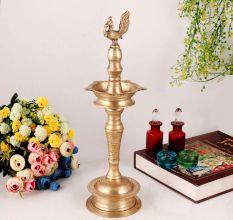 Shiny Brass Oil Lamp Carved with Peacock