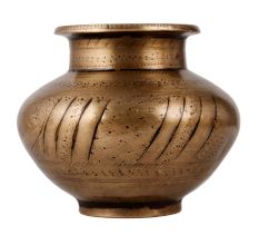Indian Brass Water Pot Carved with Patterns