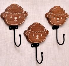 Brown Cute Sheep Face Key Hooks For Kids - Pack of 3
