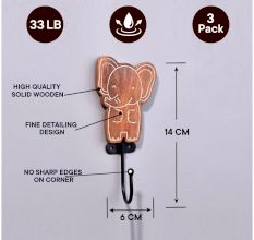 Brown Wooden Bear Elephant Hippo Wall Hooks For Kids - Pack of 3