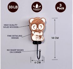 Brown Wooden Cute Panda Decorative Hooks For Kids - Pack of 3