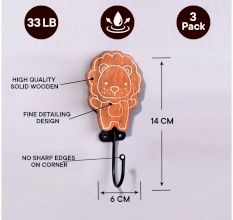 Brown Cute Lion Monkey Giraffe Wall Mounted Hooks For Kids - Pack of 3