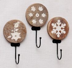 Brown Wooden Leaf Design Wall Hooks For Kids - Pack of 3