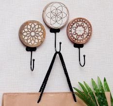 Brown Wooden Abstract Design Wall Hooks For Keys - Pack of 3