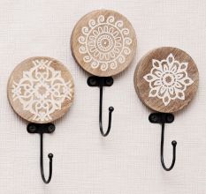 Pack of 3 Brown Wooden Abstract Design Wall Hooks
