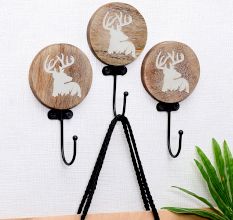 3 Pieces Brown Wooden Rain Deer Hooks For Wall