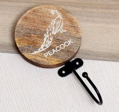 Brown Wooden Peacock Pattern Wall Mounted Hooks