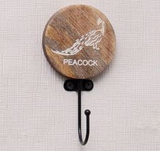 Brown Wooden Peacock Pattern Wall Mounted Hooks