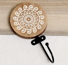 Brown Round Wooden Floral Coat Hooks Wall Mount