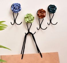 Ceramic Multicolor Flower Wall Hook for Keys in Set of 4